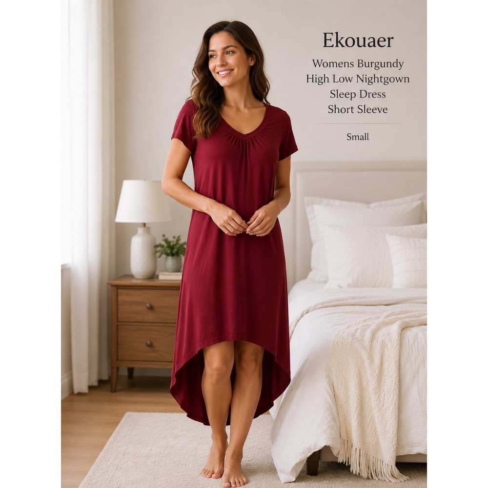 Ekouaer Womens Burgundy High Low Nightgown Sleep Dress Short Sleeve Small